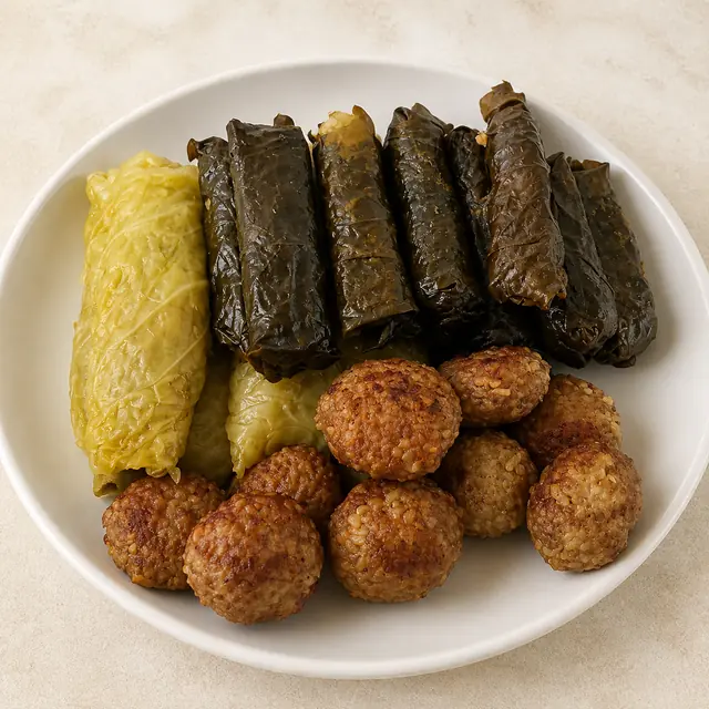 Repollos rellenos, hojas de parra y Kuppe Frito en un plato blanco