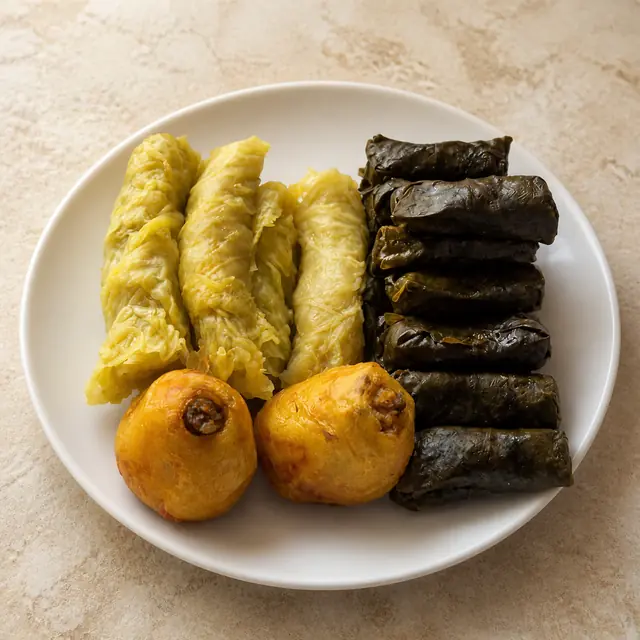 Repollos rellenos, hojas de parra y papas rellenas en un plato blanco